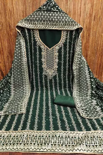 dark green georgette jarkan work unstitched dress material