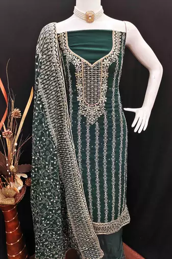dark green georgette jarkan work unstitched dress material