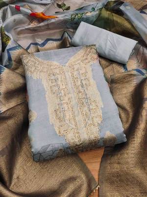 grey organza jacquard swaroski work work unstitched dress material 2