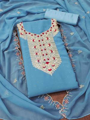 blue georgette zari embroidered work unstitched dress material 1