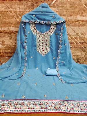 blue georgette zari embroidered work unstitched dress material 3