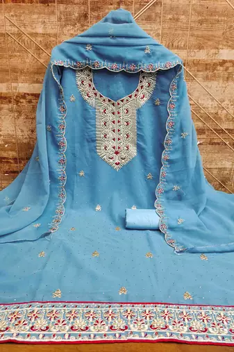 blue georgette zari embroidered work unstitched dress material