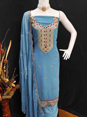 blue georgette zari embroidered work unstitched dress material 4