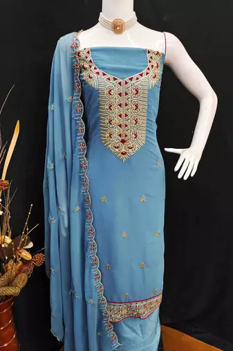 blue georgette zari embroidered work unstitched dress material