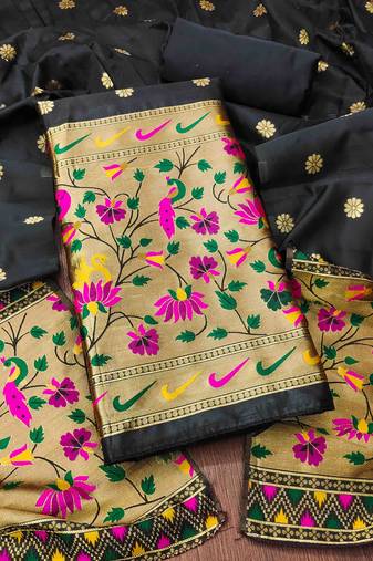 black pure taffeta paithani work unstitched dress material