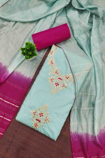 mint coco silk zari embroidered work unstitched dress material