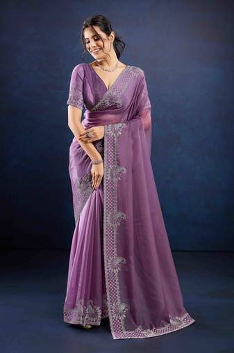 purple handwork silk chiffon saree with unstitched blouse piece