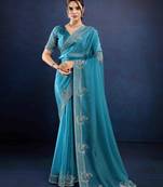 teal handwork silk chiffon saree with unstitched blouse piece