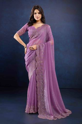lavender handwork silk chiffon saree with unstitched blouse piece