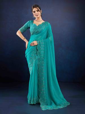 turquoise handwork silk blend chiffon saree with unstitched blouse piece 1
