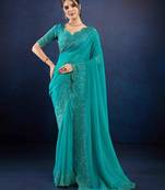 turquoise handwork silk chiffon saree with unstitched blouse piece