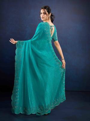 turquoise handwork silk blend chiffon saree with unstitched blouse piece 2