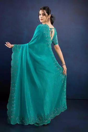 turquoise handwork silk chiffon saree with unstitched blouse piece