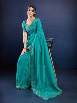 turquoise handwork silk blend chiffon saree with unstitched blouse piece 3