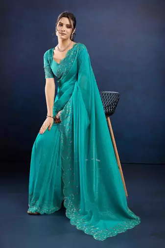 turquoise handwork silk chiffon saree with unstitched blouse piece