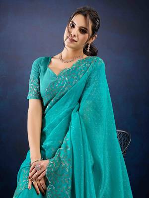 turquoise handwork silk blend chiffon saree with unstitched blouse piece 4