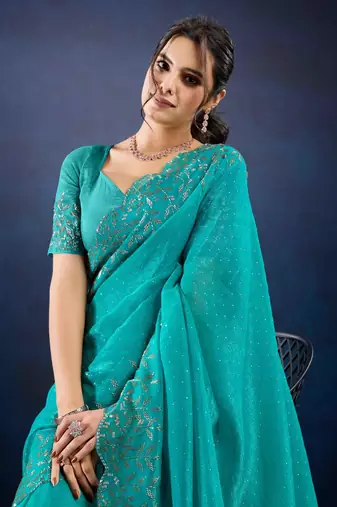 turquoise handwork silk chiffon saree with unstitched blouse piece