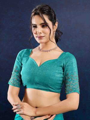 turquoise handwork silk blend chiffon saree with unstitched blouse piece 5
