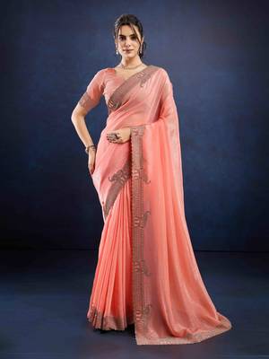 peach handwork silk blend chiffon saree with unstitched blouse piece 1