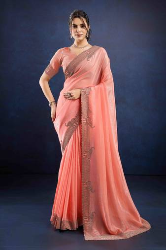 peach handwork silk chiffon saree with unstitched blouse piece