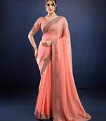 peach handwork silk chiffon saree with unstitched blouse piece