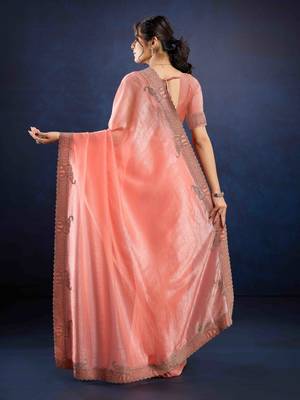peach handwork silk blend chiffon saree with unstitched blouse piece 2