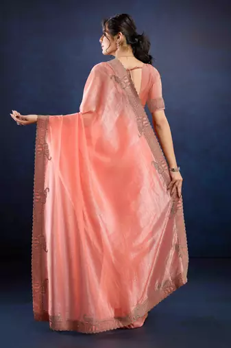 peach handwork silk blend chiffon saree with unstitched blouse piece