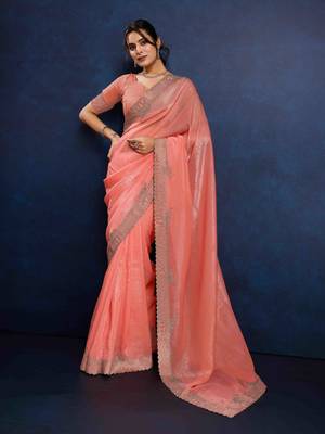peach handwork silk blend chiffon saree with unstitched blouse piece 3
