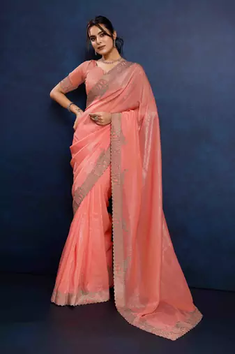 peach handwork silk blend chiffon saree with unstitched blouse piece