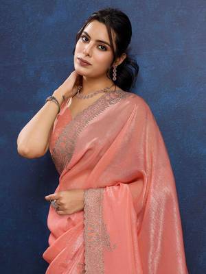 peach handwork silk blend chiffon saree with unstitched blouse piece 4