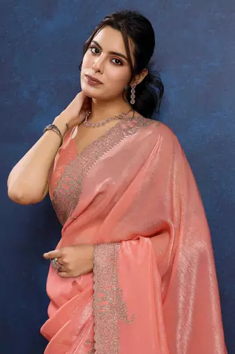 peach handwork silk blend chiffon saree with unstitched blouse piece
