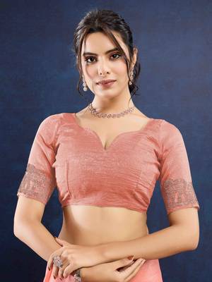 peach handwork silk blend chiffon saree with unstitched blouse piece 5