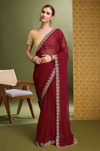 maroon zari embroidery georgette saree with unstitched blouse piece