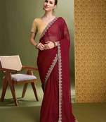 maroon zari embroidery georgette saree with unstitched blouse piece