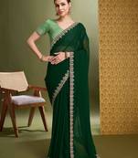 dark green zari embroidery georgette saree with unstitched blouse piece