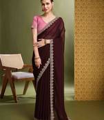 brown zari embroidery georgette saree with unstitched blouse piece