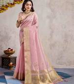 baby pink khatli work linen saree with unstitched blouse piece