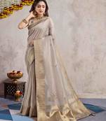 grey khatli work linen saree with unstitched blouse piece
