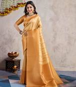 mustard zari woven banarasi silk blend saree with unstitched blouse piece