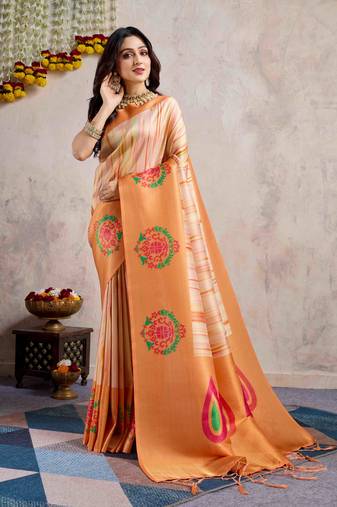 orange zari woven banarasi silk blend saree with unstitched blouse piece