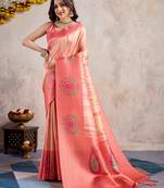 peach zari woven banarasi silk blend saree with unstitched blouse piece