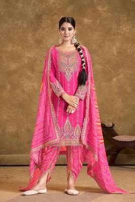 Pink Embroidery, Mirror And Sequinse Chinon Punjabi Salwar Suit- Free Size Stitched(Size Upto 42") 1