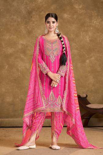 Pink Embroidery, Mirror And Sequinse Chinon Punjabi Salwar Suit- Free Size Stitched(Size Upto 42")