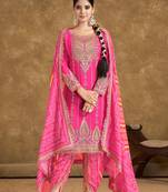 Pink Embroidery, Mirror And Sequinse Chinon Punjabi Salwar Suit- Free Size Stitched(Size Upto 42")