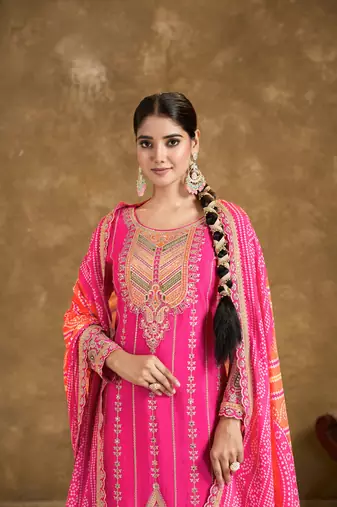 Pink Embroidery, Mirror And Sequinse Chinon Punjabi Salwar Suit- Free Size Stitched(Size Upto 42")