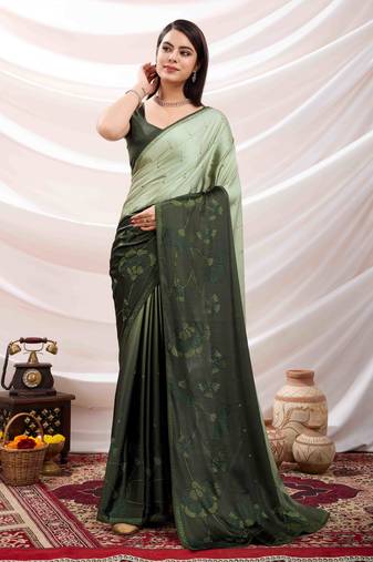 dark green swaroski work work satin saree with unstitched blouse piece