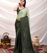 dark green swaroski work work satin saree with unstitched blouse piece