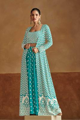 Blue embroidery sequinse georgette blouse palazzo- free size stitched(size upto 42") 1