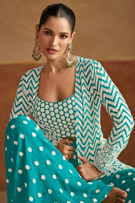 Blue embroidery sequinse georgette blouse palazzo- free size stitched(size upto 42") 2