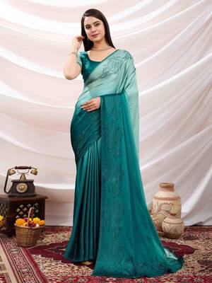 teal swaroski work work satin saree with unstitched blouse piece 1